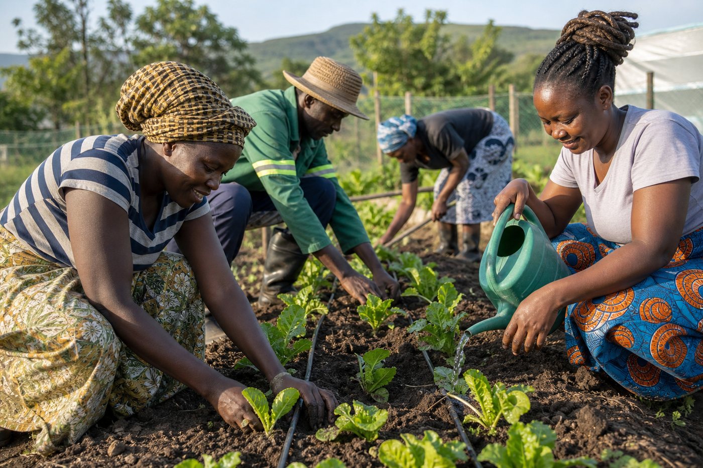 African farmers tending young plants in a community garden