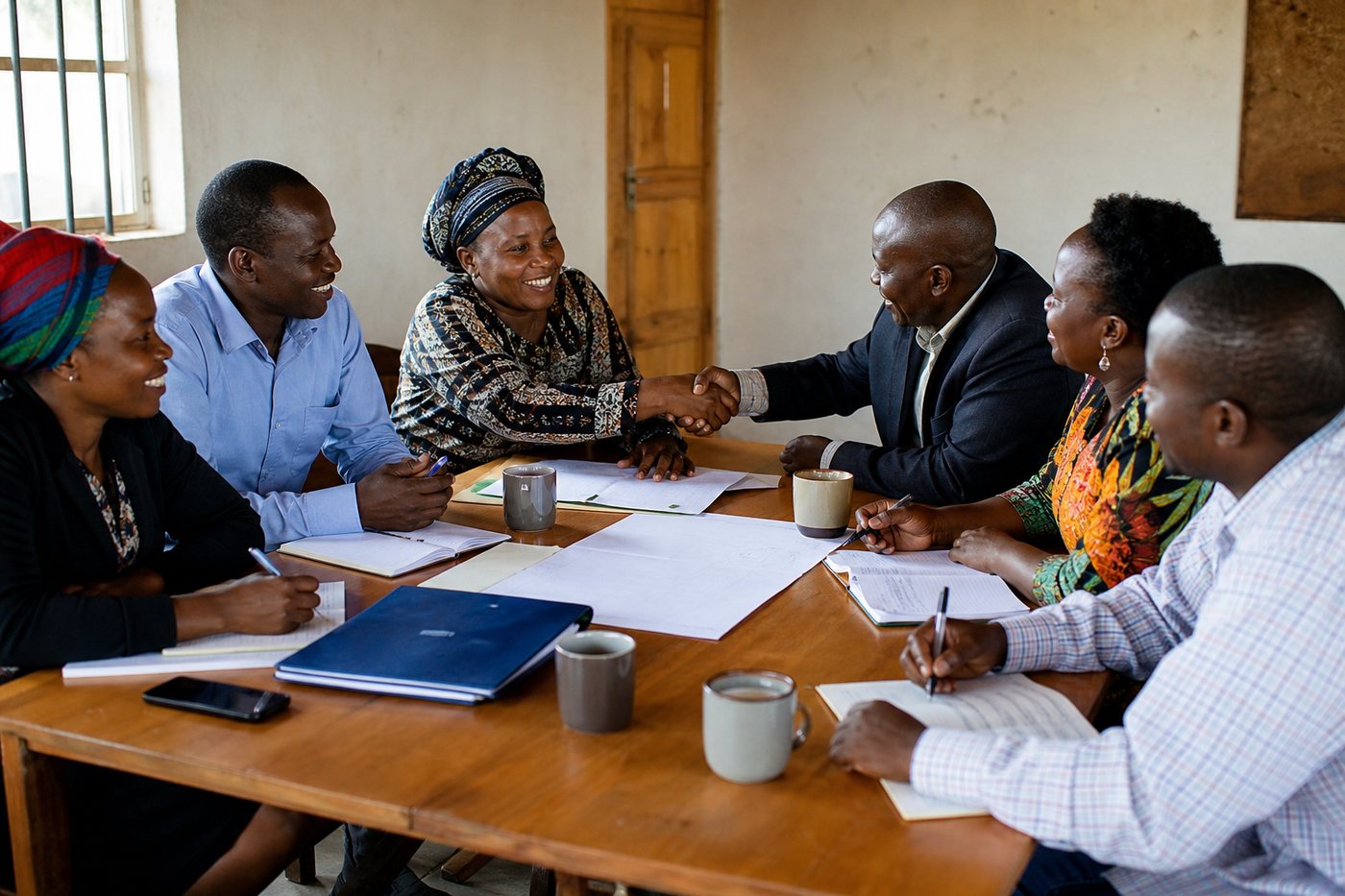 African community members working together around a table