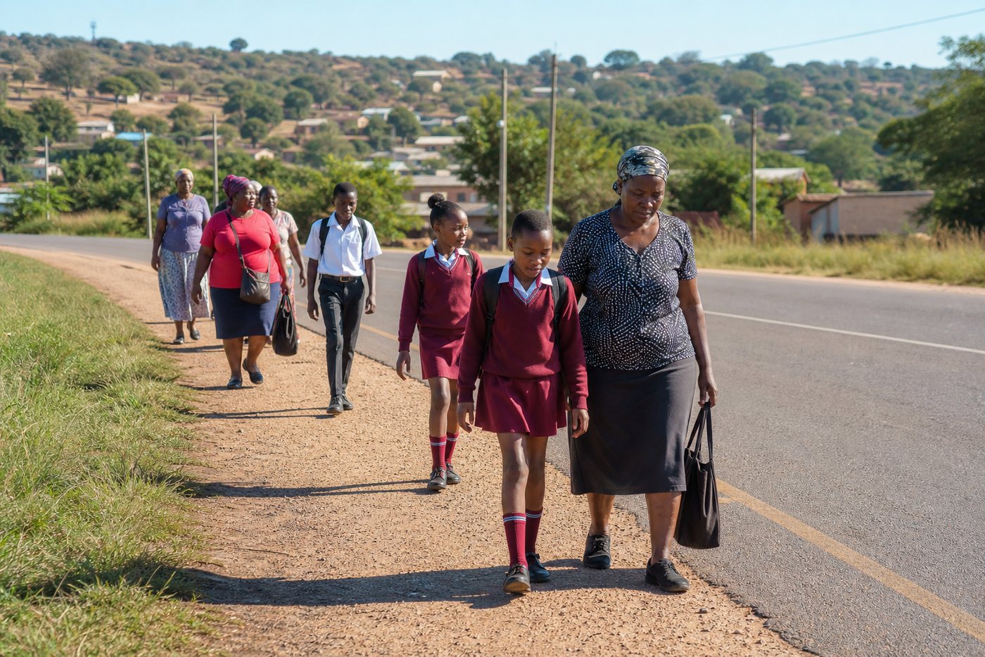 African community members walking beside a rural road